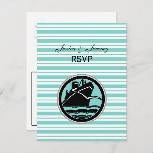 Nautical Ship Lt Blue White Stripe RSVP Uitnodiging Briefkaart (Voorkant / Achterkant)