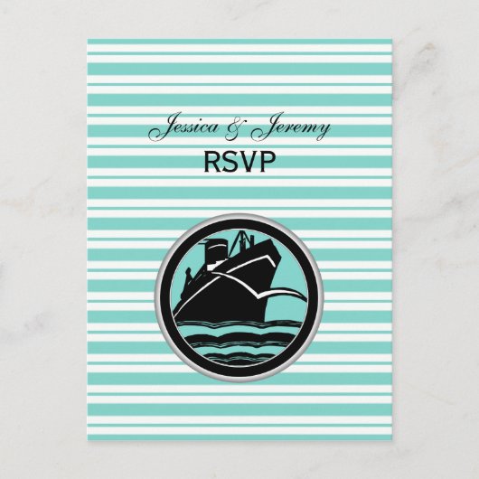 Nautical Ship Lt Blue White Stripe RSVP Uitnodiging Briefkaart (Voorkant)
