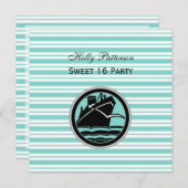Nautical Ship Lt Blue White Stripe SQ Sweet 16 Kaart (Voorkant / Achterkant)