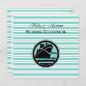 Nautical Ship Lt Blue White Stripe SQ Wedding Kaart (Voorkant / Achterkant)