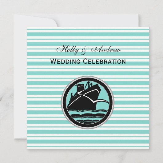 Nautical Ship Lt Blue White Stripe SQ Wedding Kaart (Voorkant)