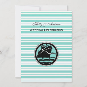 Nautical Ship Lt Blue White Stripe V Wedding Kaart