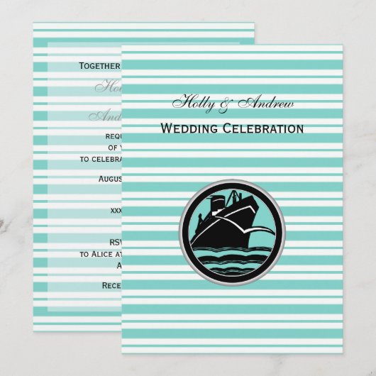 Nautical Ship Lt Blue White Stripe V Wedding Kaart (Voorkant / Achterkant)