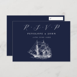Nautical Ship Navy Blue Destination Wedding RSVP Kaartje