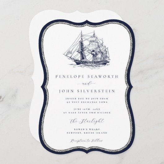 Nautical Ship Navy Rope Frame Bracket Wedding Kaart (Voorkant / Achterkant)