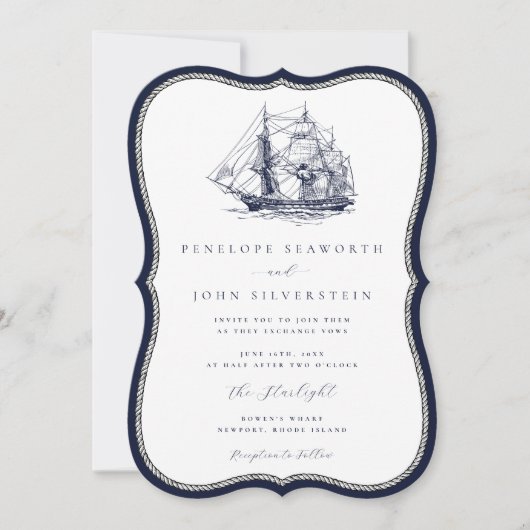 Nautical Ship Navy Rope Frame Bracket Wedding Kaart (Voorkant)