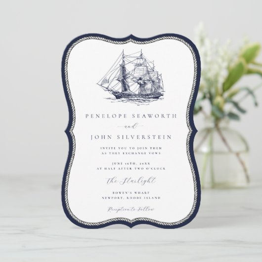 Nautical Ship Navy Rope Frame Bracket Wedding Kaart (Staand voorkant)