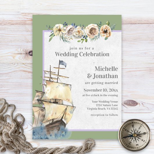 Nautical Ship - Sage and Lavender Floral Wedding Kaart