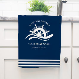 Nautical Ship Wheel Boat Name Navy Blue Theedoek