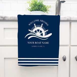 Nautical Ship Wheel Boat Name Navy Blue Theedoek