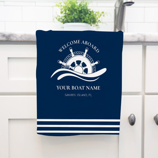 Nautical Ship Wheel Boat Name Navy Blue Theedoek