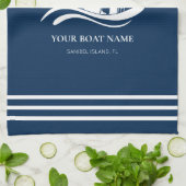 Nautical Ship Wheel Boat Name Navy Blue Theedoek (Gevouwen)