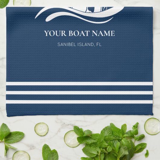 Nautical Ship Wheel Boat Name Navy Blue Theedoek (Gevouwen)