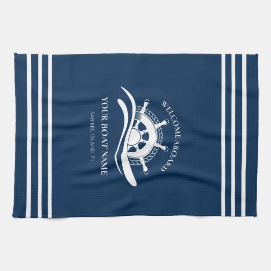 Nautical Ship Wheel Boat Name Navy Blue Theedoek (Horizontaal)