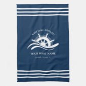 Nautical Ship Wheel Boat Name Navy Blue Theedoek (Verticaal)