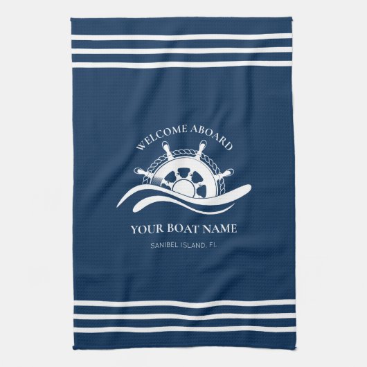 Nautical Ship Wheel Boat Name Navy Blue Theedoek (Verticaal)