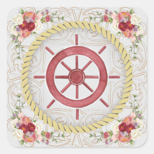 Nautical Ship Wheel & Floral Roseate Vierkante Sticker