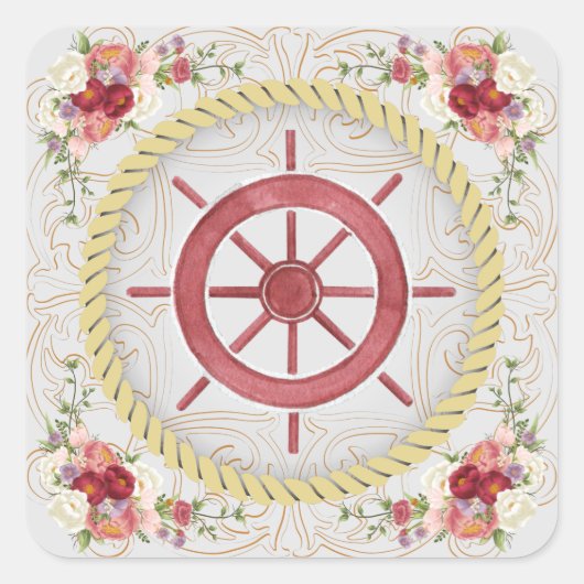 Nautical Ship Wheel & Floral Roseate Vierkante Sticker (Voorkant)