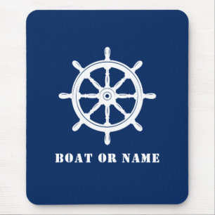 Nautical Ship Wheel Helm & Your Boat and Name Navy Muismat