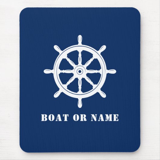 Nautical Ship Wheel Helm & Your Boat and Name Navy Muismat (Voorkant)