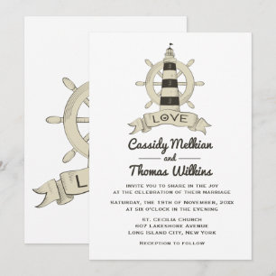 Nautical Ship Wheel Lighthouse Tan Wedding Kaart