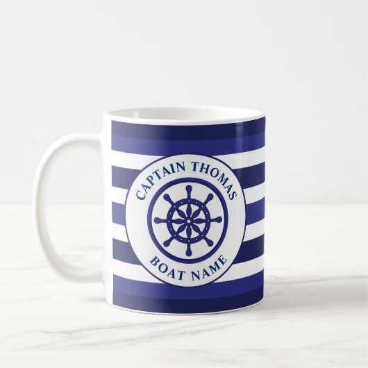 Nautical Ship Wheel Navy Blue Sailing Kapitein Koffiemok (Links)