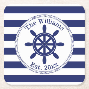 Nautical Ship Wheel Navy Blue Stripes Familienaam Kartonnen Onderzetters
