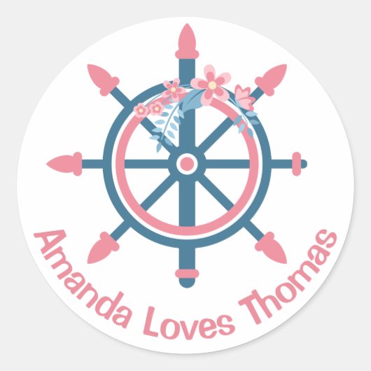Nautical Ship Wheel Pink Blue Personalized Weddens Ronde Sticker (Voorkant)