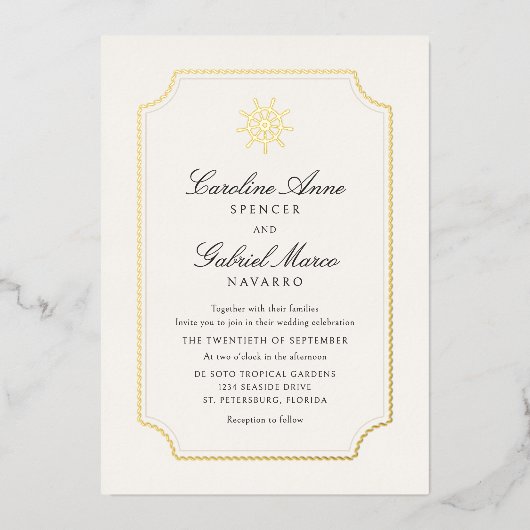 Nautical Ship Wheel Wedding Folie Uitnodiging (Voorkant)