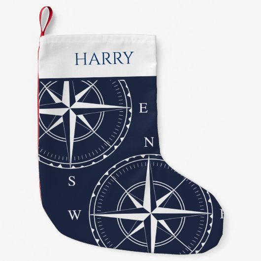 Nautical Ships Compass Navy Blue Coastal Kleine Kerstsok (Voorkant)
