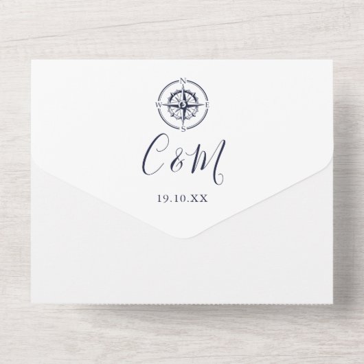 Nautical Ships Compass Navy Blue Script Wedding Al All In One Uitnodiging (Achterkant)