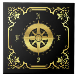 Nautical ship's compass silhouette/gold/black tegeltje