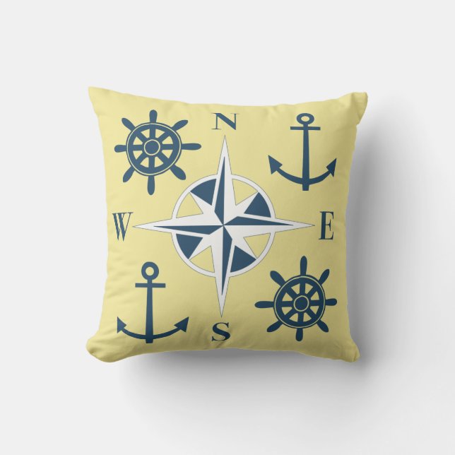Nautical Ships Helm Compass Anchors Butter Yellow Buitenkussen (Voorkant)