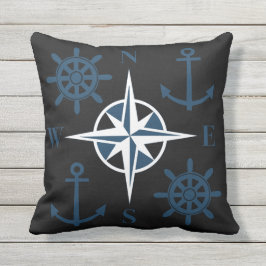 Nautical Ships Helm Compass Anchors Navy Black Buitenkussen