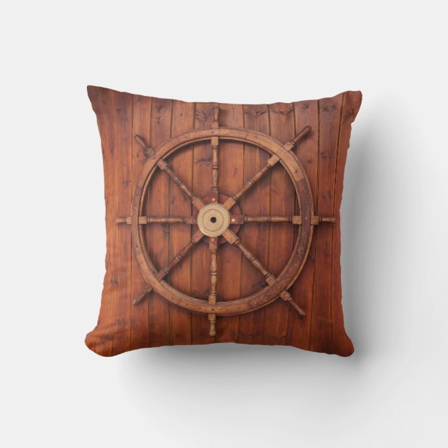 Nautical Ships Helm Wheel on Wood Sierkussen (Voorkant)