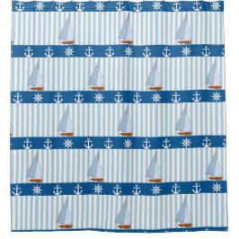 Nautical Ships Wheel Anchor Blue White Stripes Douchegordijn