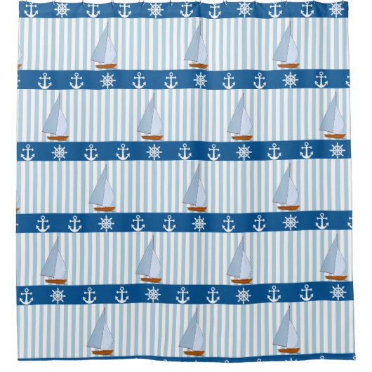 Nautical Ships Wheel Anchor Blue White Stripes Douchegordijn (Voorkant)