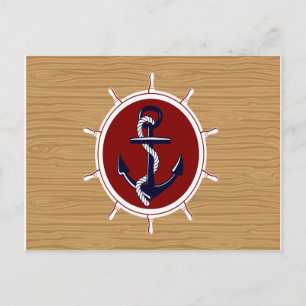 Nautical Ships Wheels Anchor on Wood Grain Briefkaart