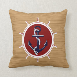 Nautical Ships Wheels Anchor on Wood Grain Kussen