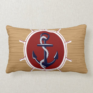 Nautical Ships Wheels Anchor on Wood Grain Kussen