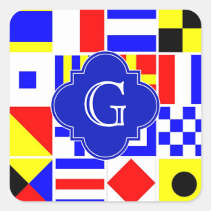 Nautical Signal Flags Royal Quatrefoil Monogram Vierkante Sticker