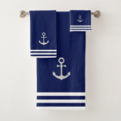 Nautical Silver Anchor & Stripes on Navy Blue Bad Handdoek (Insitu)