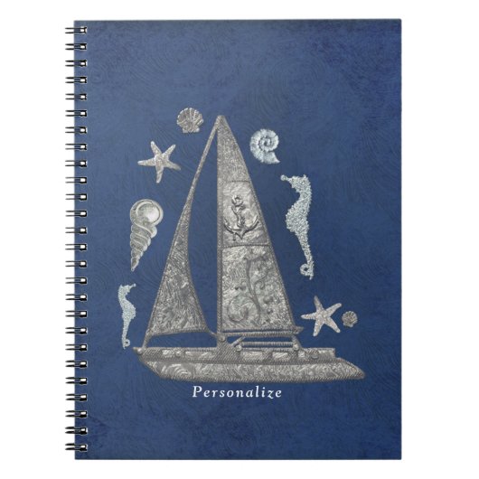 Nautical Silver Boat & Beach Dingen Elegant Chic Notitieboek (Voorkant)
