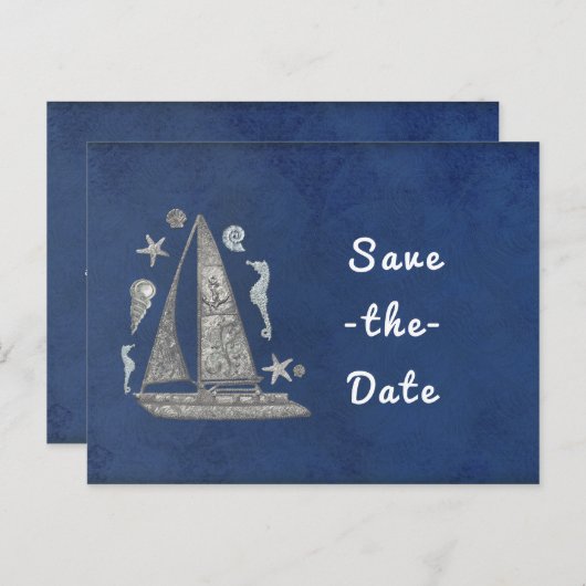 Nautical Silver Boat & Beach Dingen sparen de Datu Aankondigingskaart (Voorkant / Achterkant)