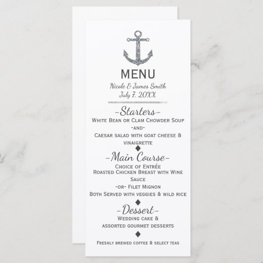 Nautical Silver Glitter Anker Glamour Menu Kaart (Voorkant / Achterkant)