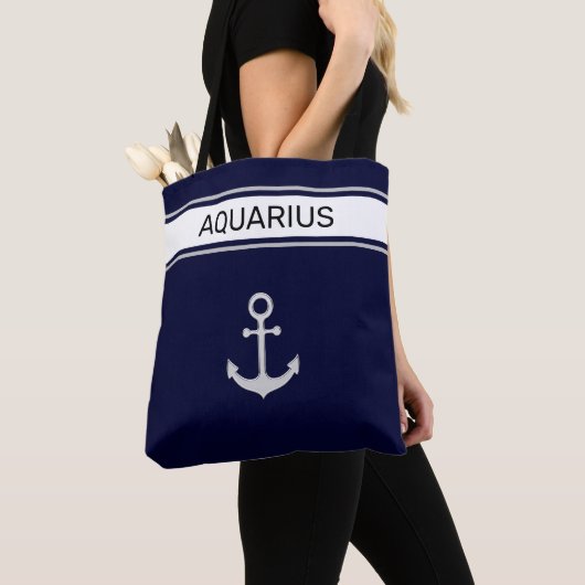 Nautical Silver Grey anchor & text on marine blue Tote Bag (Dichtbij)