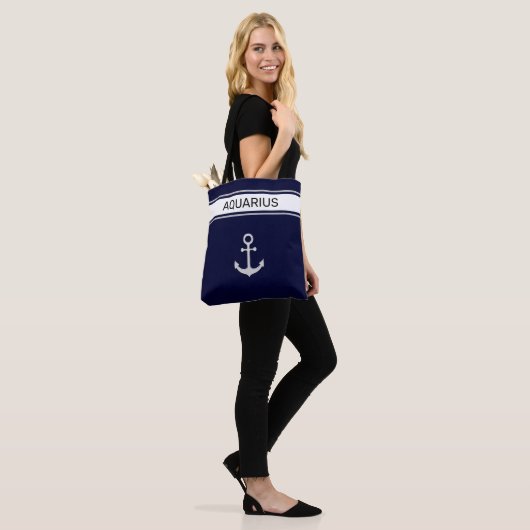 Nautical Silver Grey anchor & text on marine blue Tote Bag (Op model)