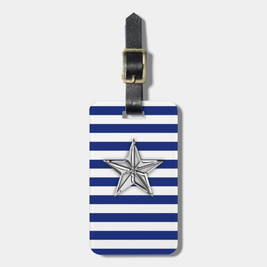 Nautical Silver Star op blauwe strepen Bagagelabel (Voorkant verticaal)