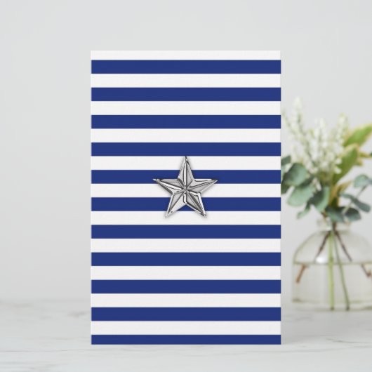 Nautical Silver Star op blauwe strepen Briefpapier (Staand voorkant)