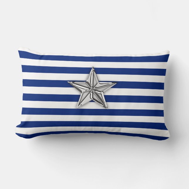 Nautical Silver Star op blauwe strepen Kussen (Voorkant)